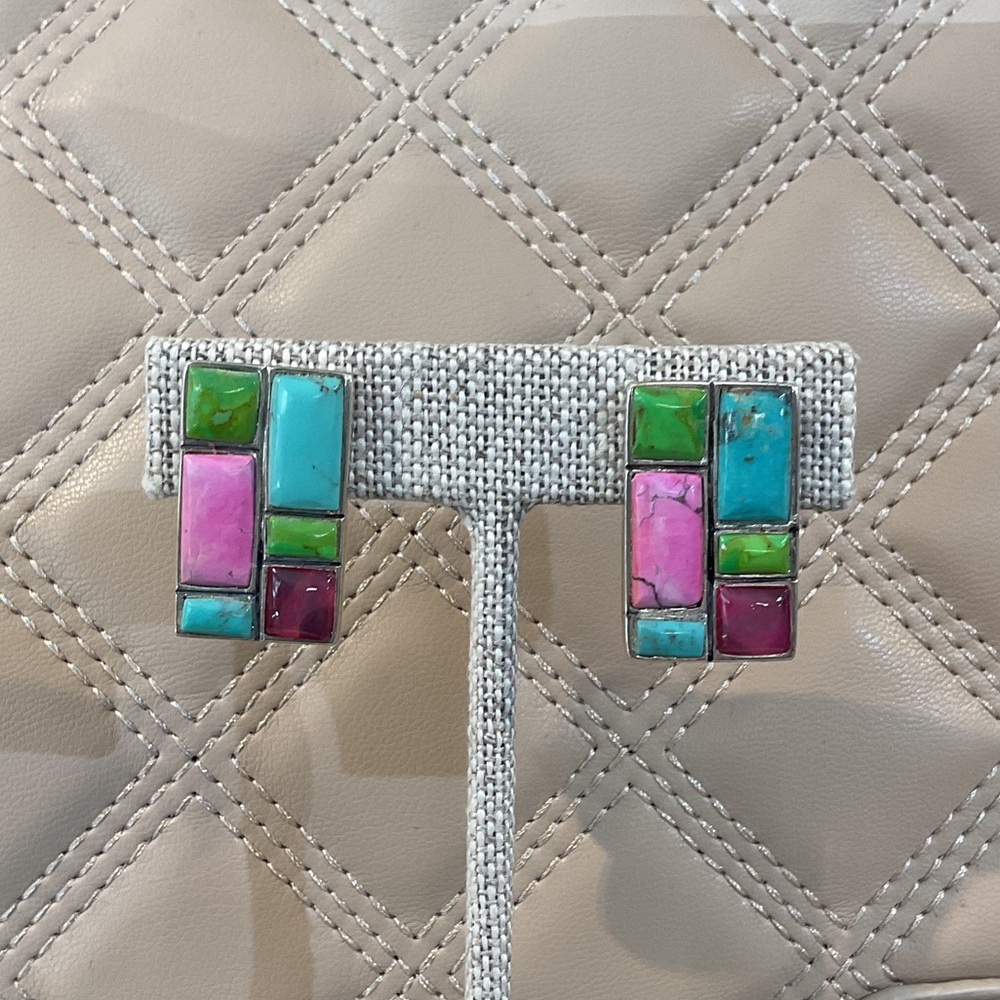 Sterling Silver Clip On Mosaic & Semi Precious Stone Earrings